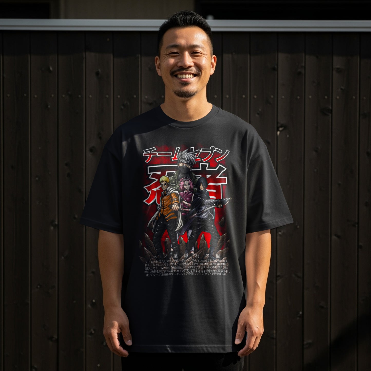 Anime Characters Black Graphic T-shirt with Japanese Text