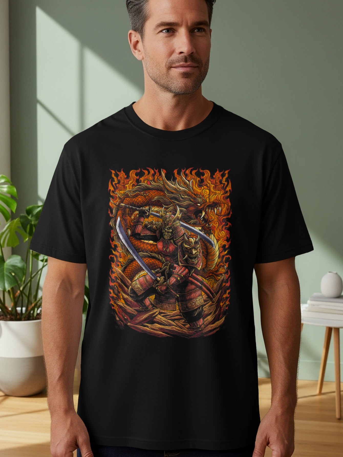 Fierce Warrior and Dragon Battle Graphic T-Shirt