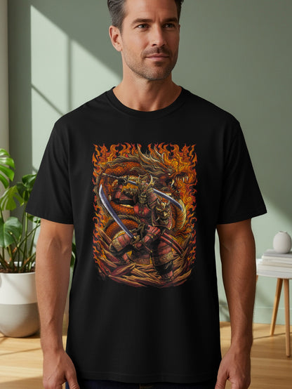 Fierce Warrior and Dragon Battle Graphic T-Shirt