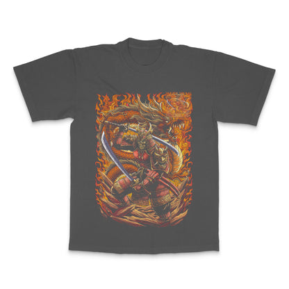 Fierce Samurai Warrior with Flaming Dragon T-shirt