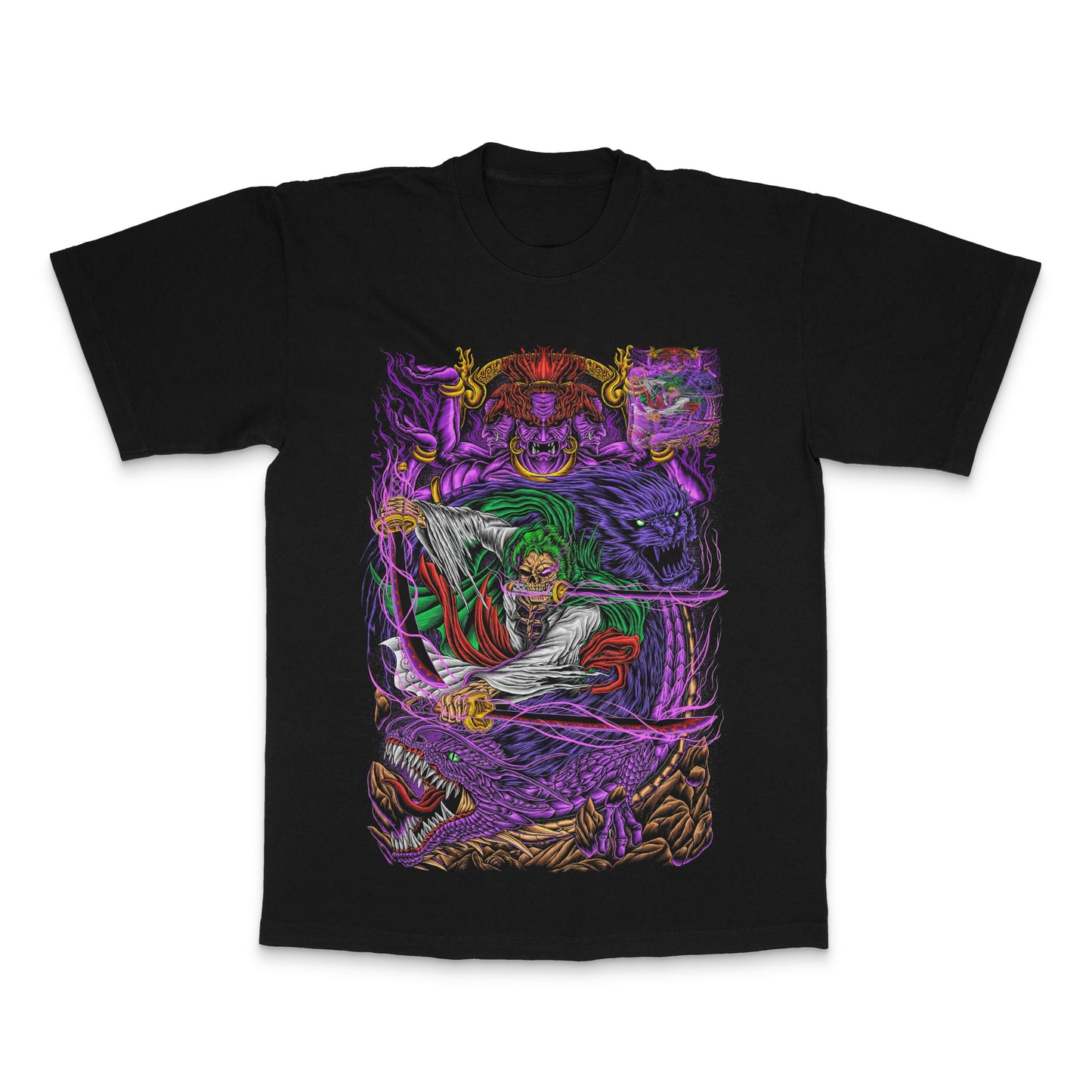 Vibrant Warrior with Dragon Colorful Graphic T-Shirt