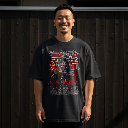 Anime Characters Black Graphic T-shirt with Japanese Text