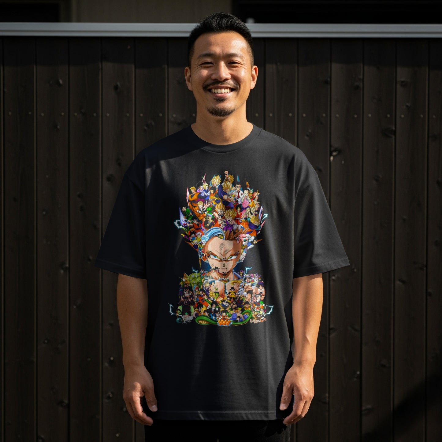 Colorful Anime Character Collage with Vegeta Print Shirt