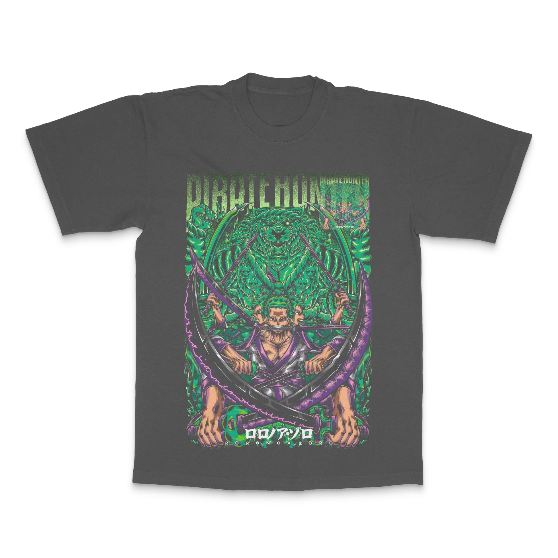 Vibrant Pirate Hunt Graphic Tee with Green Sword Design