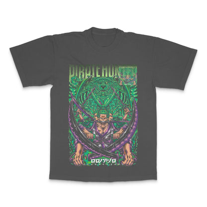 Vibrant Pirate Hunt Graphic Tee with Green Sword Design