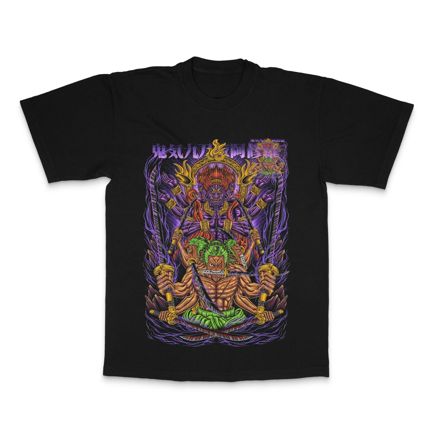Vibrant Graphic Tee Featuring Intricate Demon Warrior Art