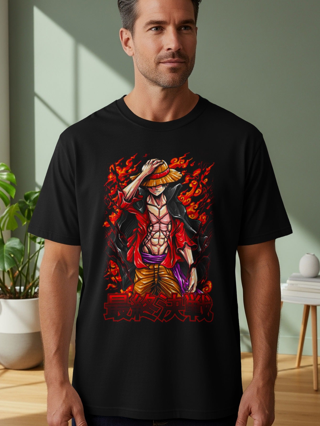 Anime Character with Flames Graphic Tee for Men