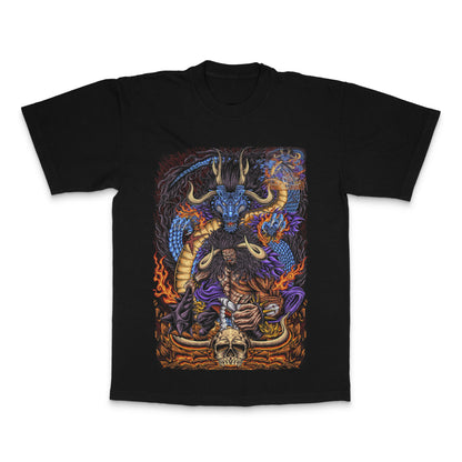 Blue Dragon and Skull Flames Graphic T-Shirt
