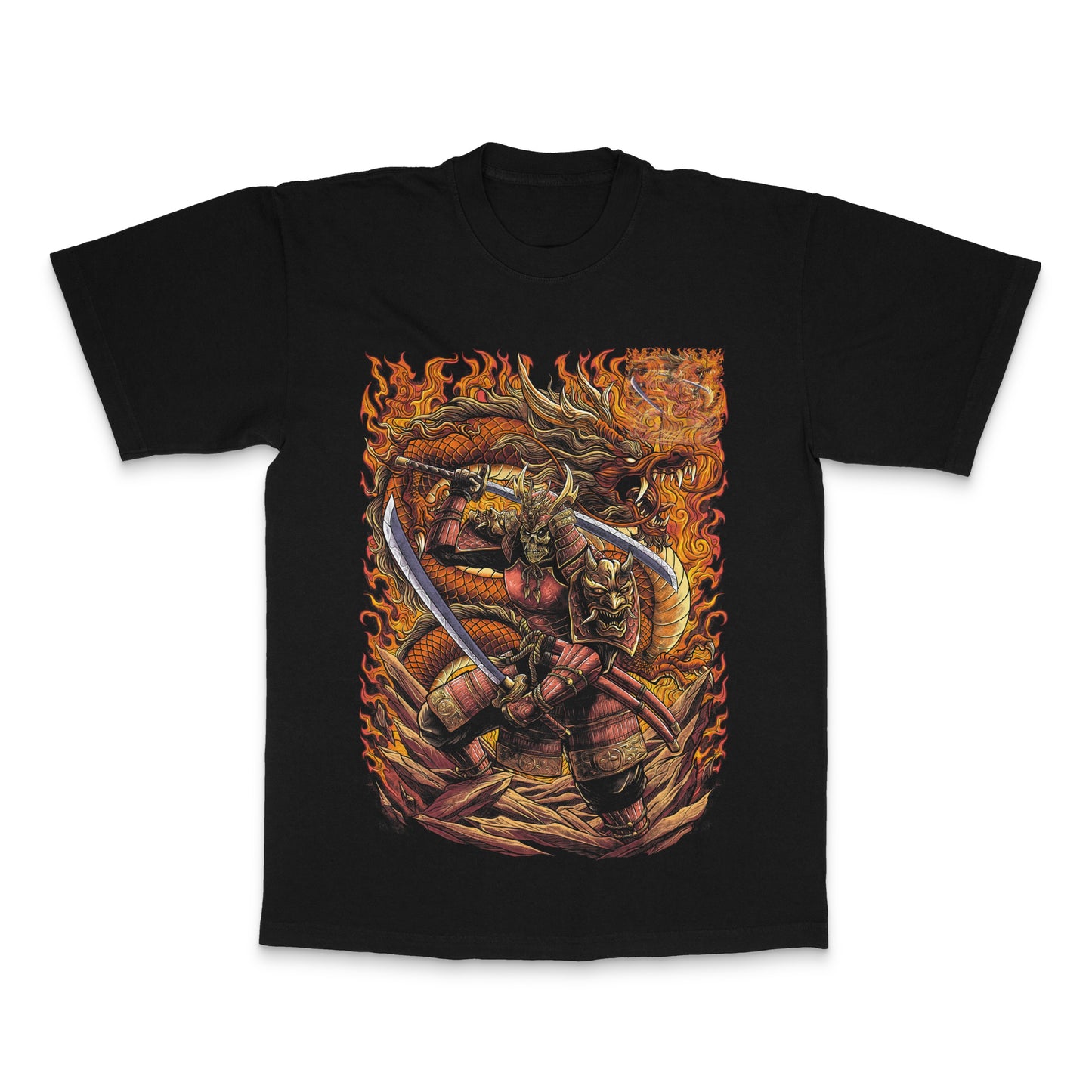 Fiery Samurai Warrior with Dragon Graphic T-shirt
