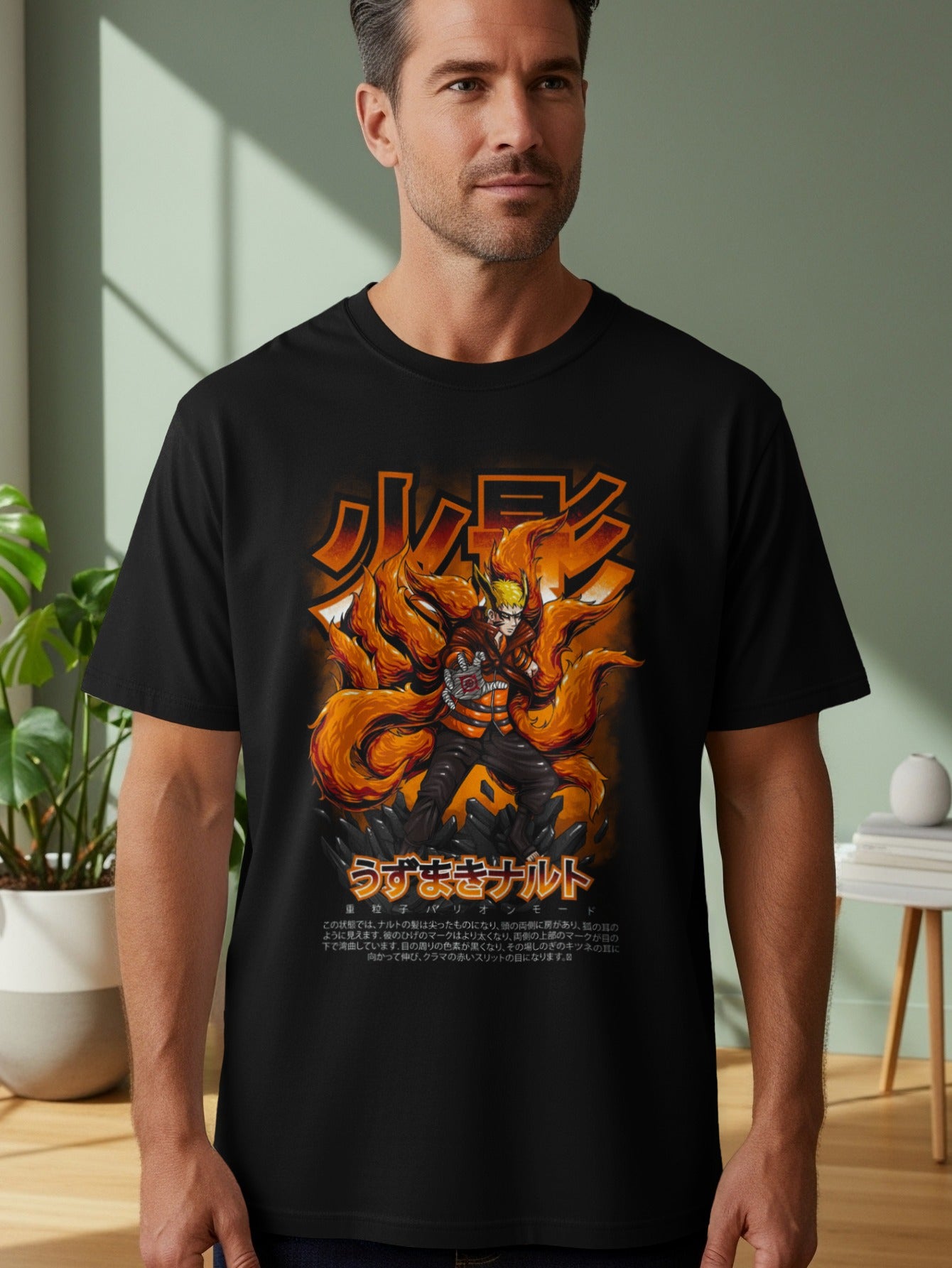 Anime Fire Character Black Graphic T-Shirt