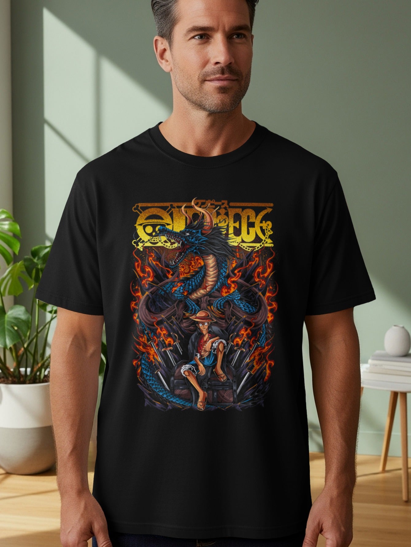 Anime Character with Dragon and Fire Graphic Shirt