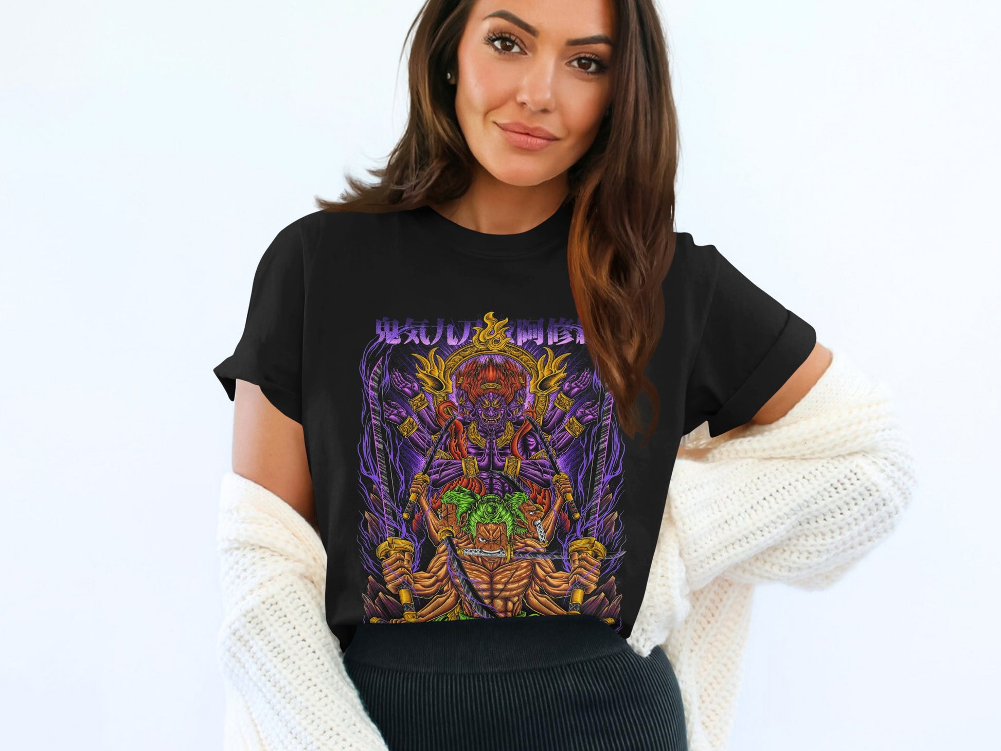 Colorful Japanese Warrior Design Black T-shirt