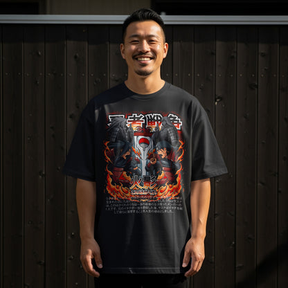 Japanese Anime Fire Warrior Graphic Black T-Shirt