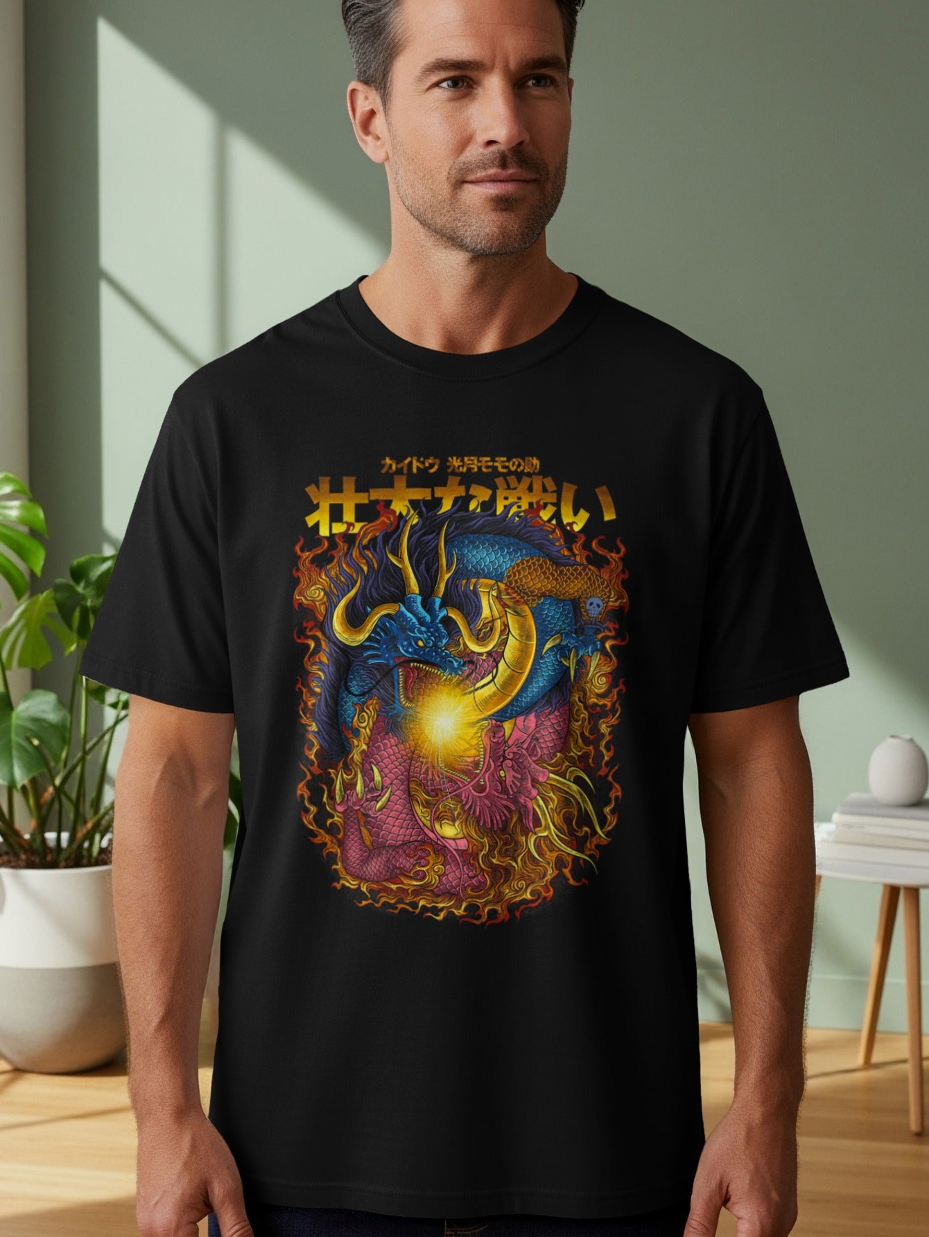 Vibrant Dragon and Phoenix Battle Artwork T-shirt