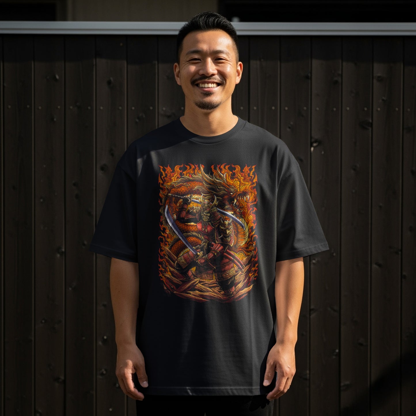 Fearless Samurai Warrior with Flaming Dragon T-shirt