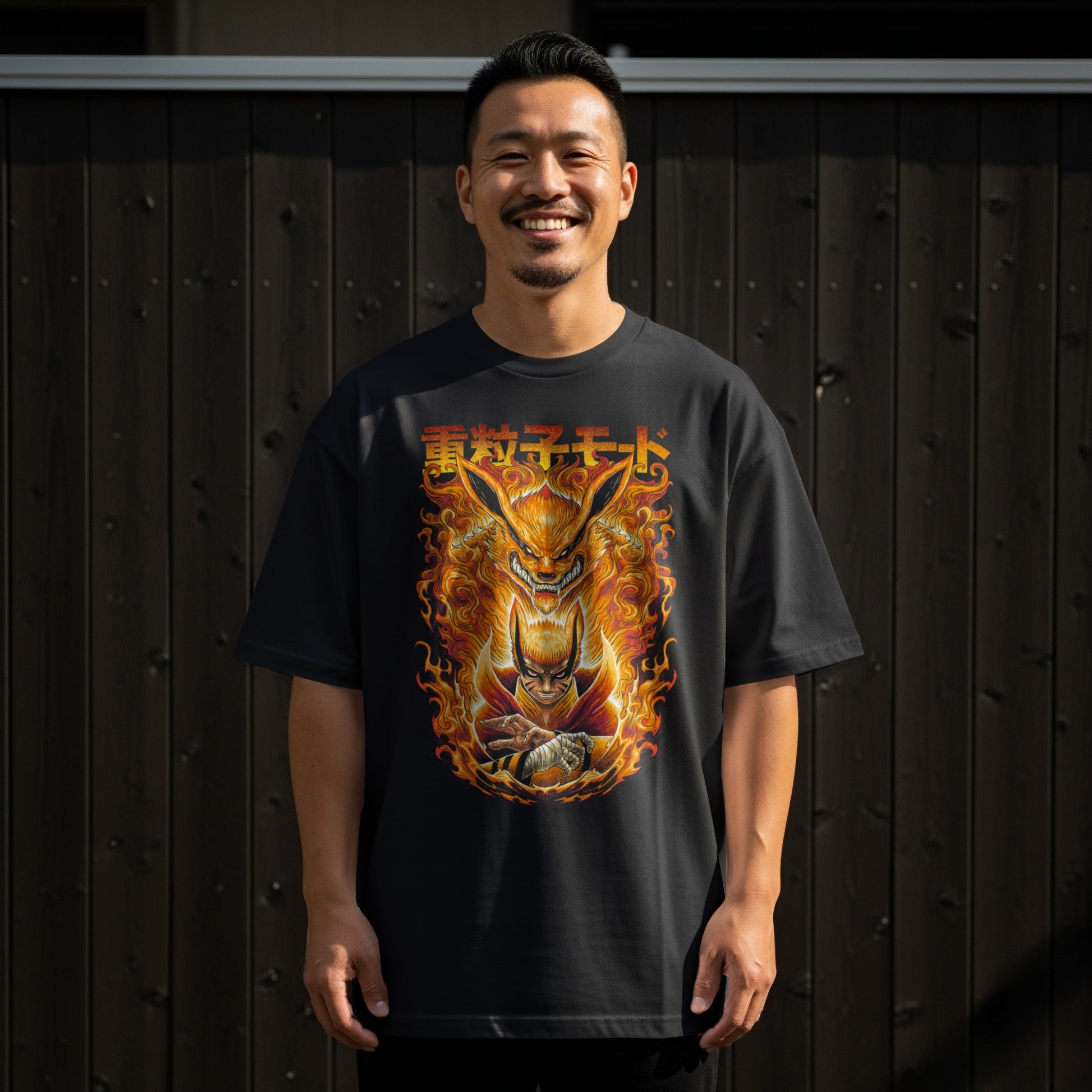 Fiery Anime Graphic Tee with Bold Japanese Text Design