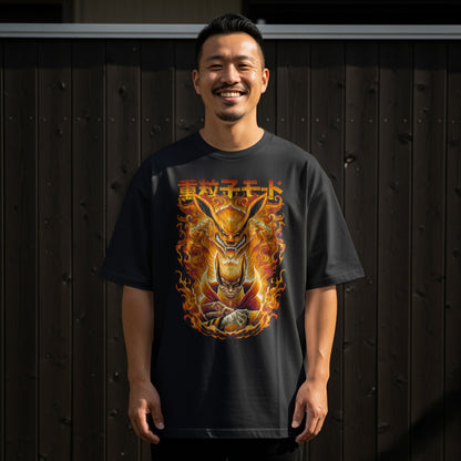 Fiery Anime Graphic Tee with Bold Japanese Text Design