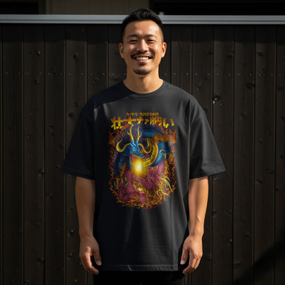 Vibrant Dragon and Flames Graphic T-Shirt Design