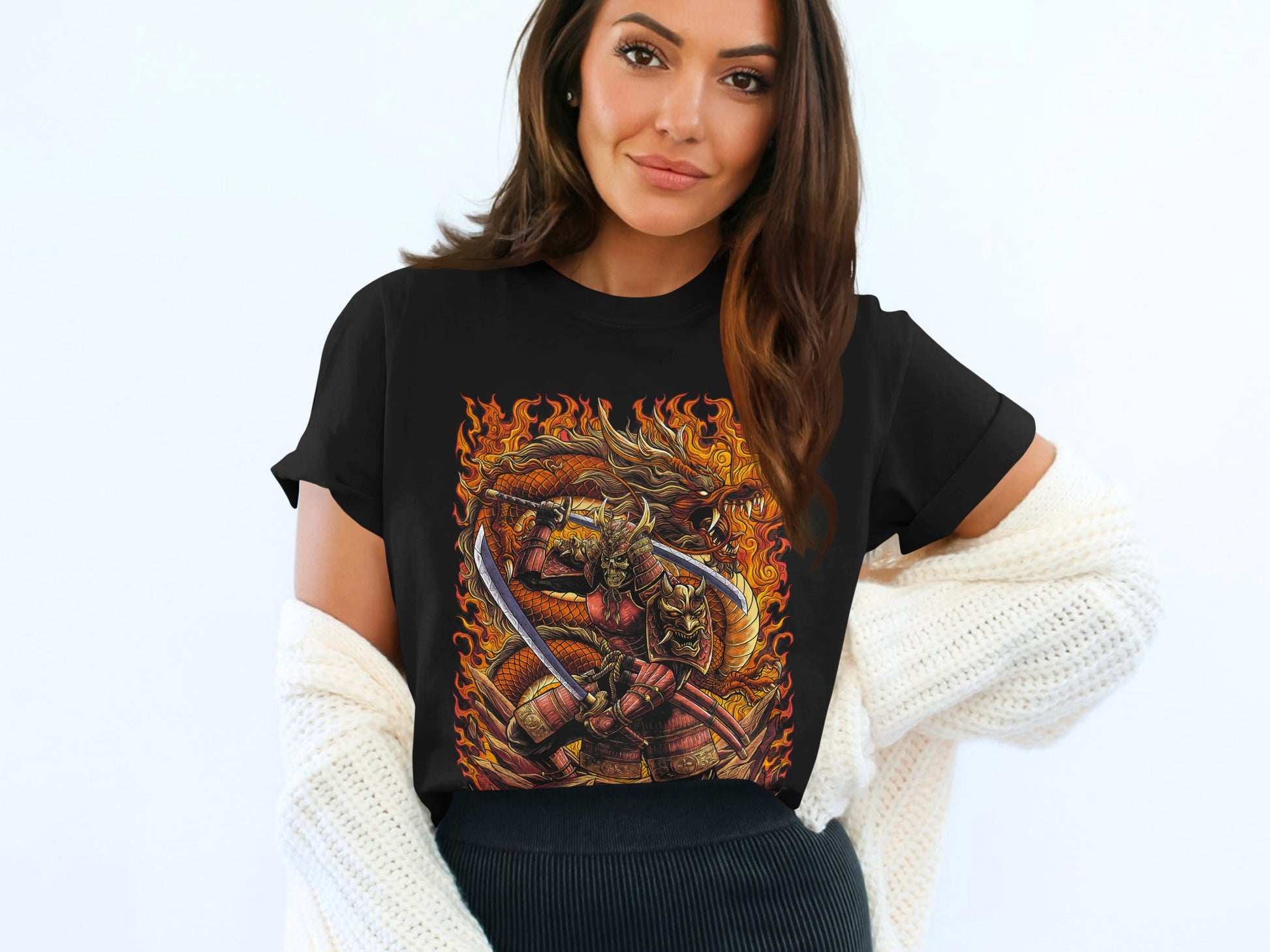 Samurai Warrior Graphic Fire Print T-Shirt